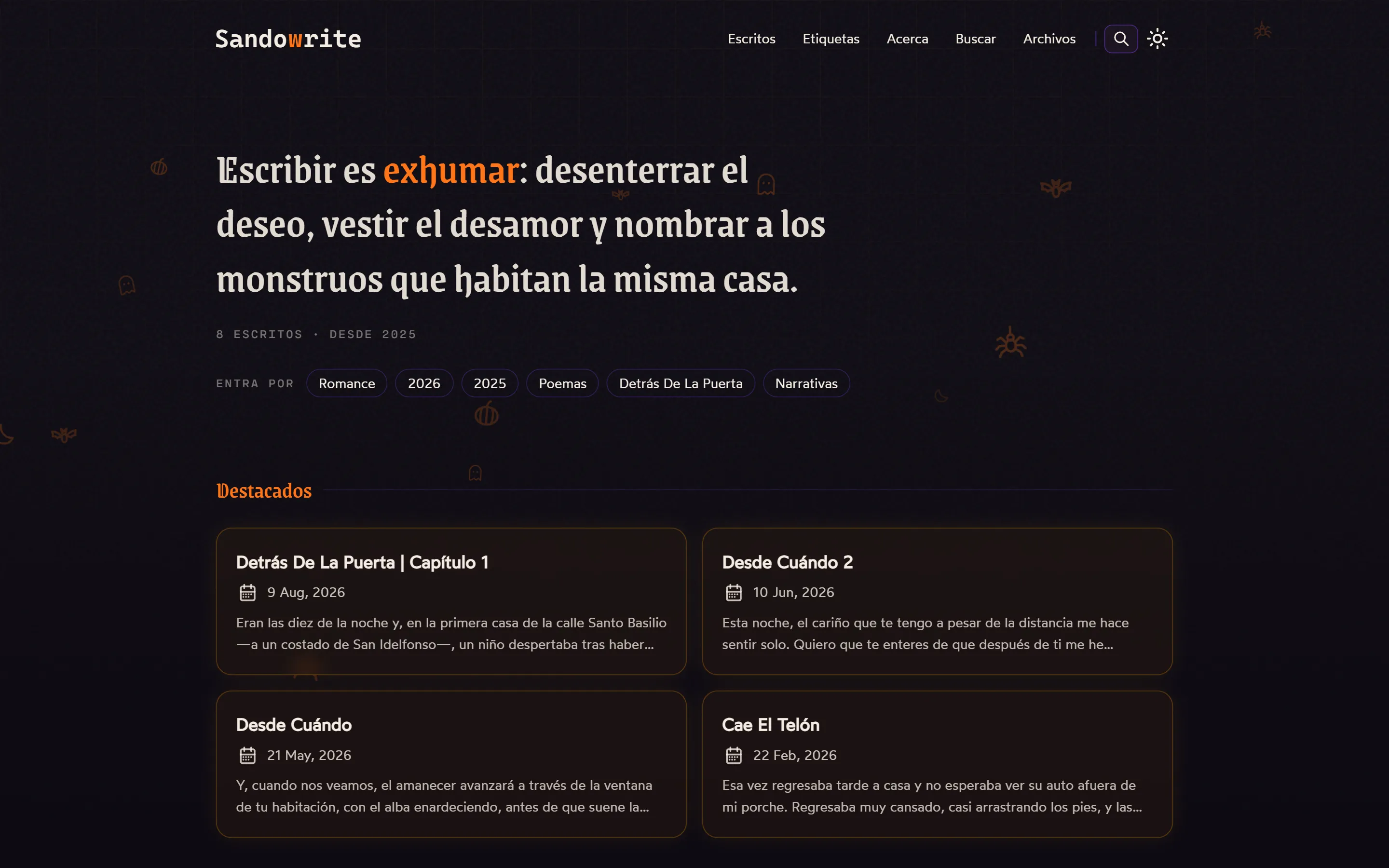 Portada de Sandowrite mostrando el listado de relatos